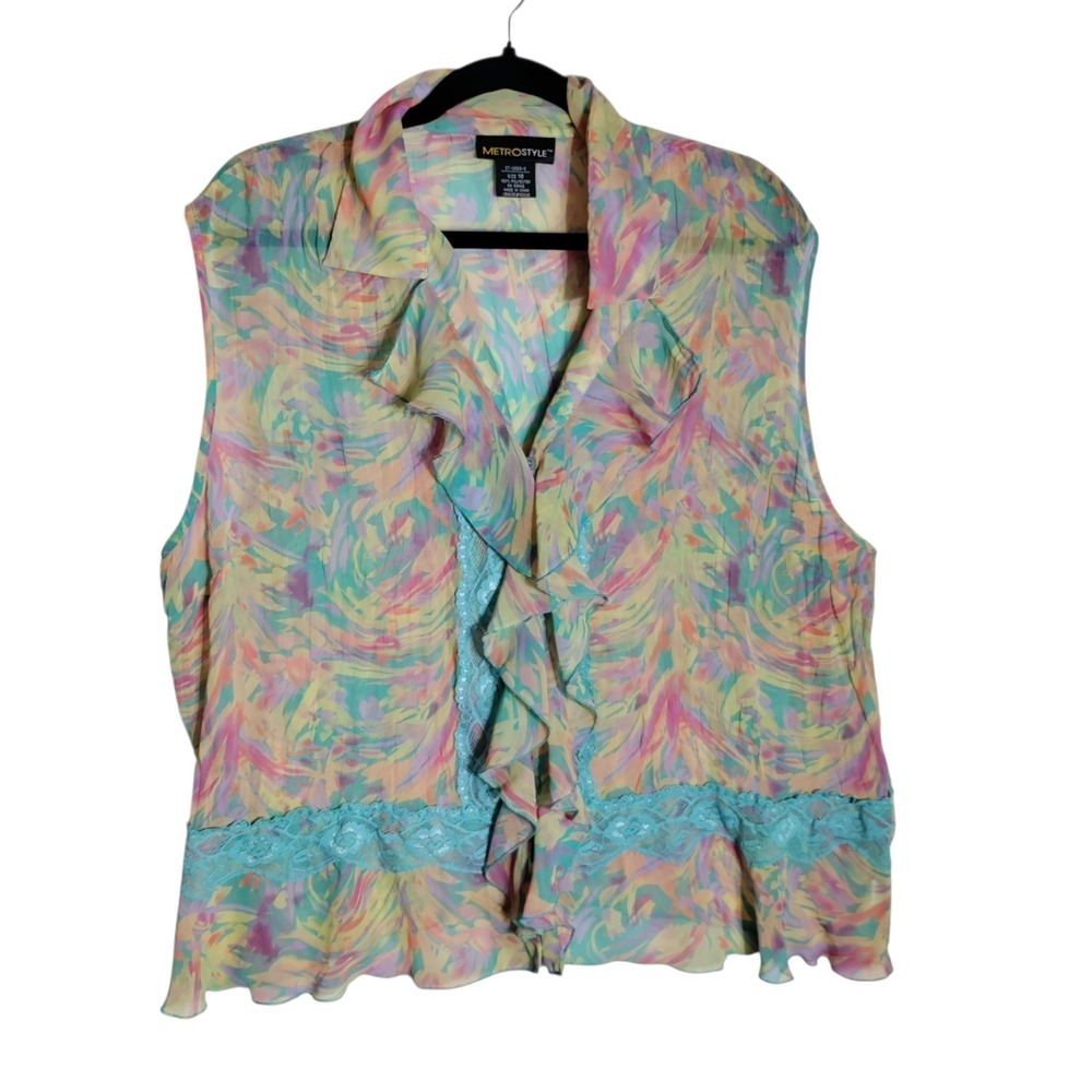 Metrostyle Women Pastel Abstract Ruffle Lace Trim Sleeveless Blouse Size 18